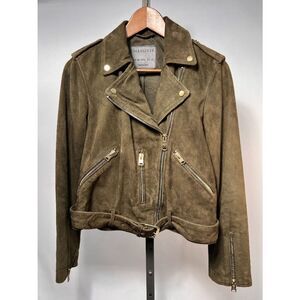 AllSaints Women's Olive Balfern Suede Belted Moto Jacket with Gold Hardware Sz 6